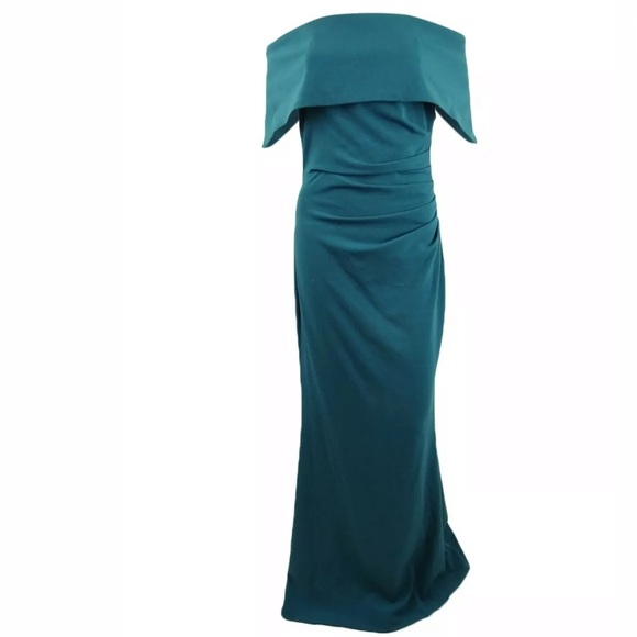 vince camuto off the shoulder crepe dress Vince Camuto Womens Aqua Ruched Off Shoulder Full-Length Evening Dress 2
